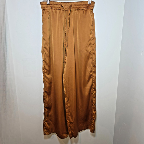 Zara Rust Orange Wide Leg Pants XS Satin High Rise Elastic Waist Pockets - Picture 1 of 6